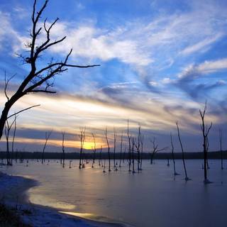 Sunset lake ice trees sky HD wallpaper