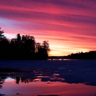 Sunset lake ice trees sky HD wallpaper