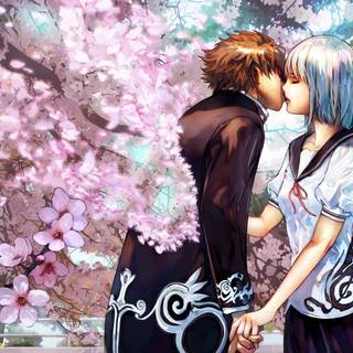Anime girl and boy cartoon kisses wallpaper