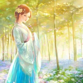 Traditional women with flowers wallpaper