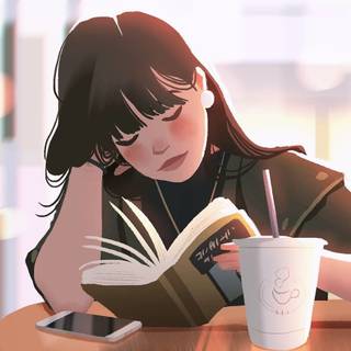 Anime girl drink coffee wallpaper