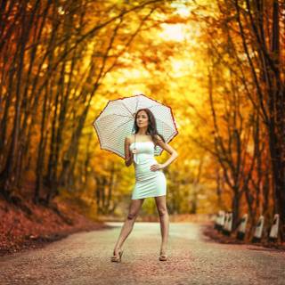 Lady autumn path wallpaper