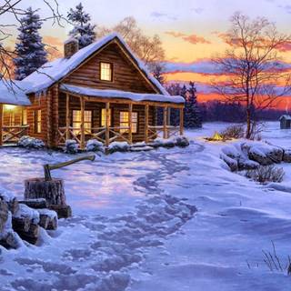 Cozy winter cottage wallpaper