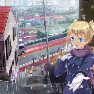 Anime girl snow street city wallpaper
