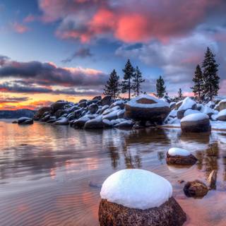 Winter lake sunset wallpaper