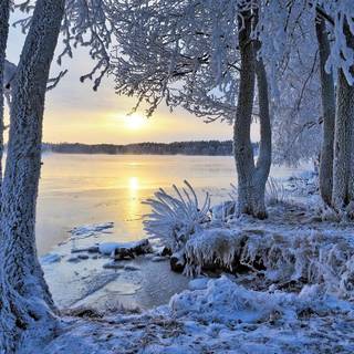 Winter lake sunset wallpaper