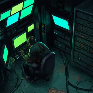 Hacker with computer wallpaper