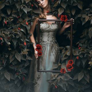 Women with rose wallpaper