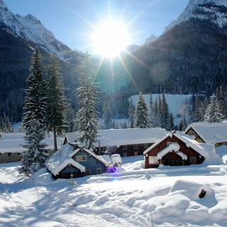Mountain winter village wallpaper