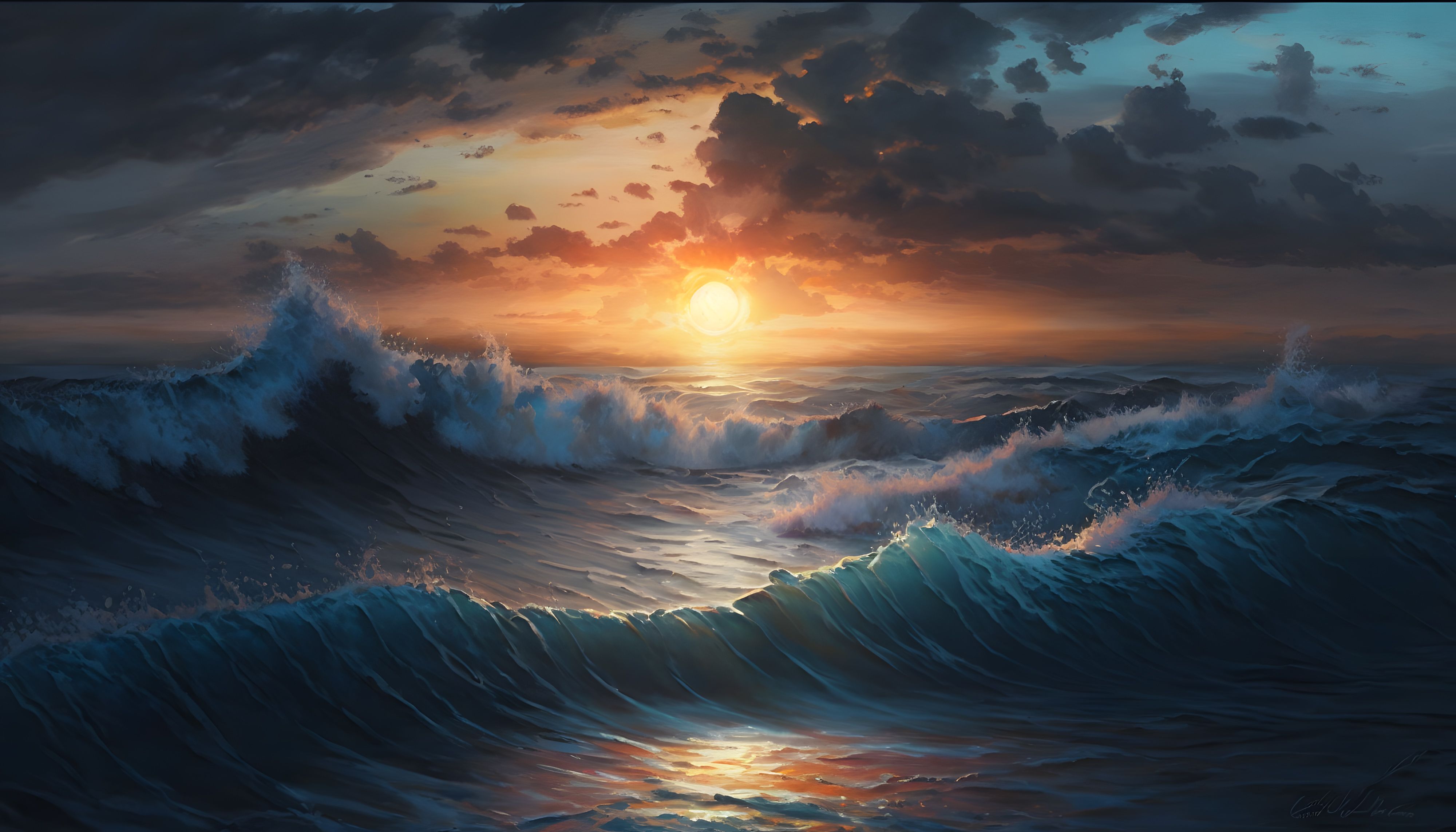 8k UHD Ocean Sea Waves Sunset Digital Painting Wallpaper - Wallpaper Cave