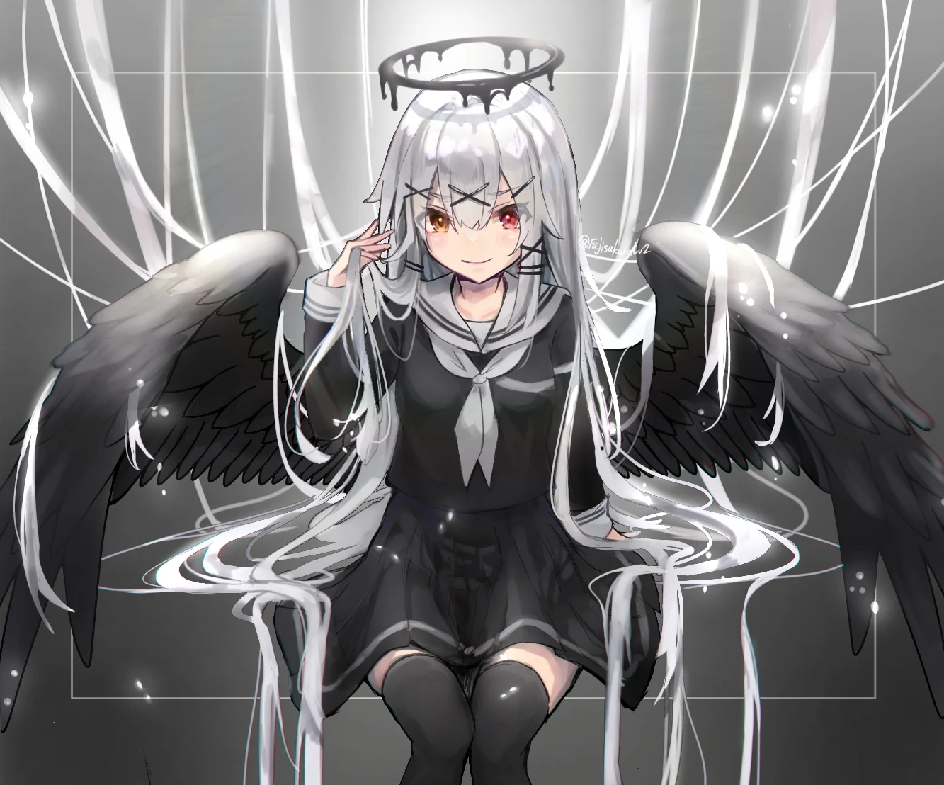 Anime Female Fallen angel, Anime, black Hair, cartoon, fictional Character  png | PNGWing