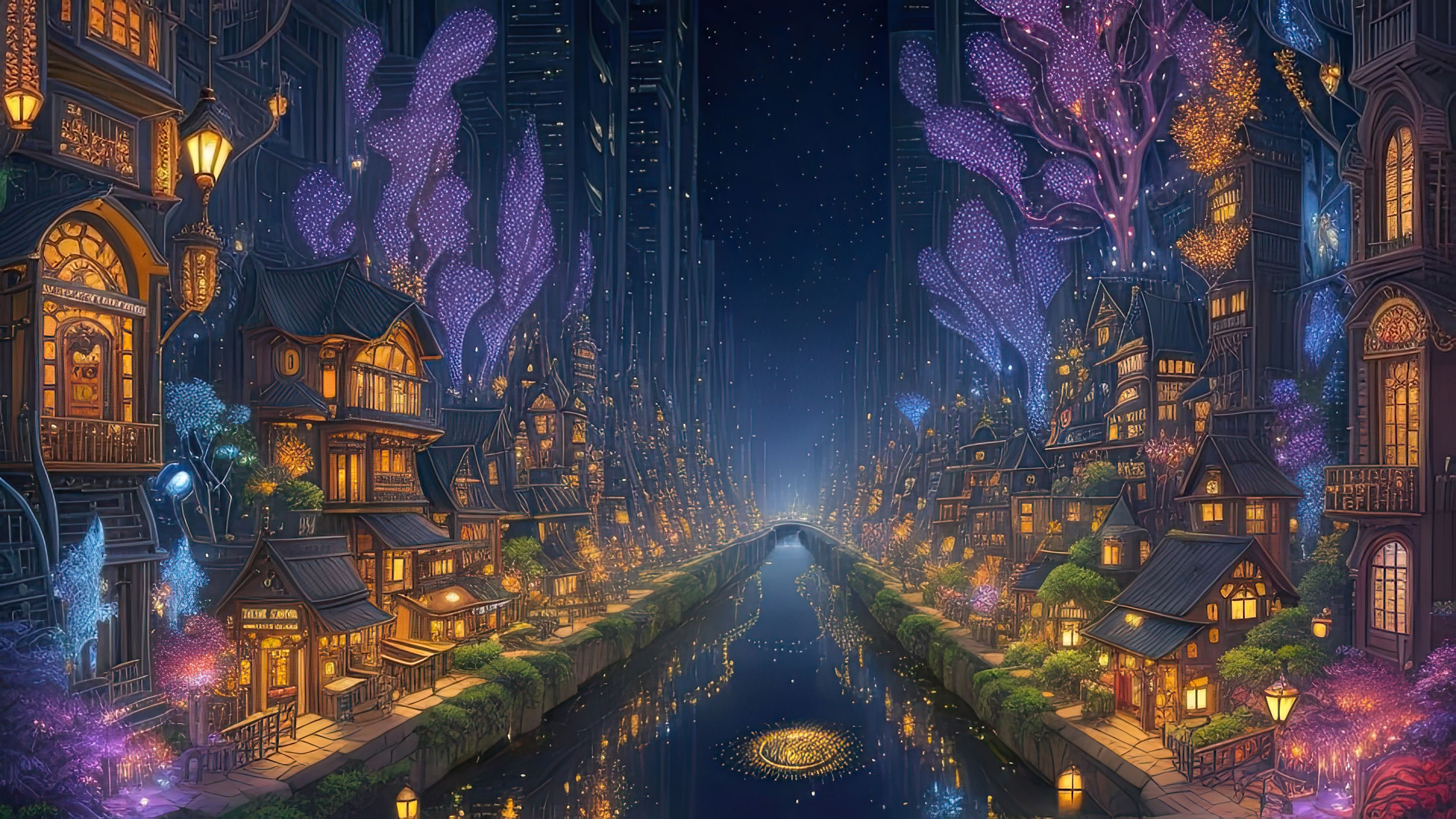 City of the Fireflies at Night Illustration - Wallpaper Cave