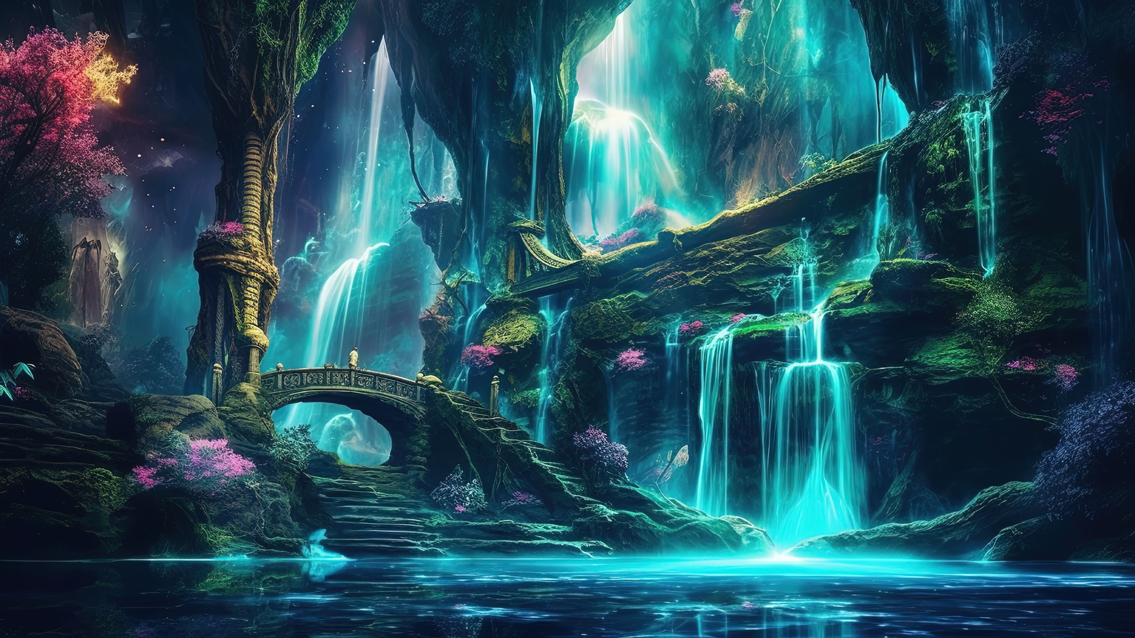 Glowing Waterfall at Night Illustration - Wallpaper Cave