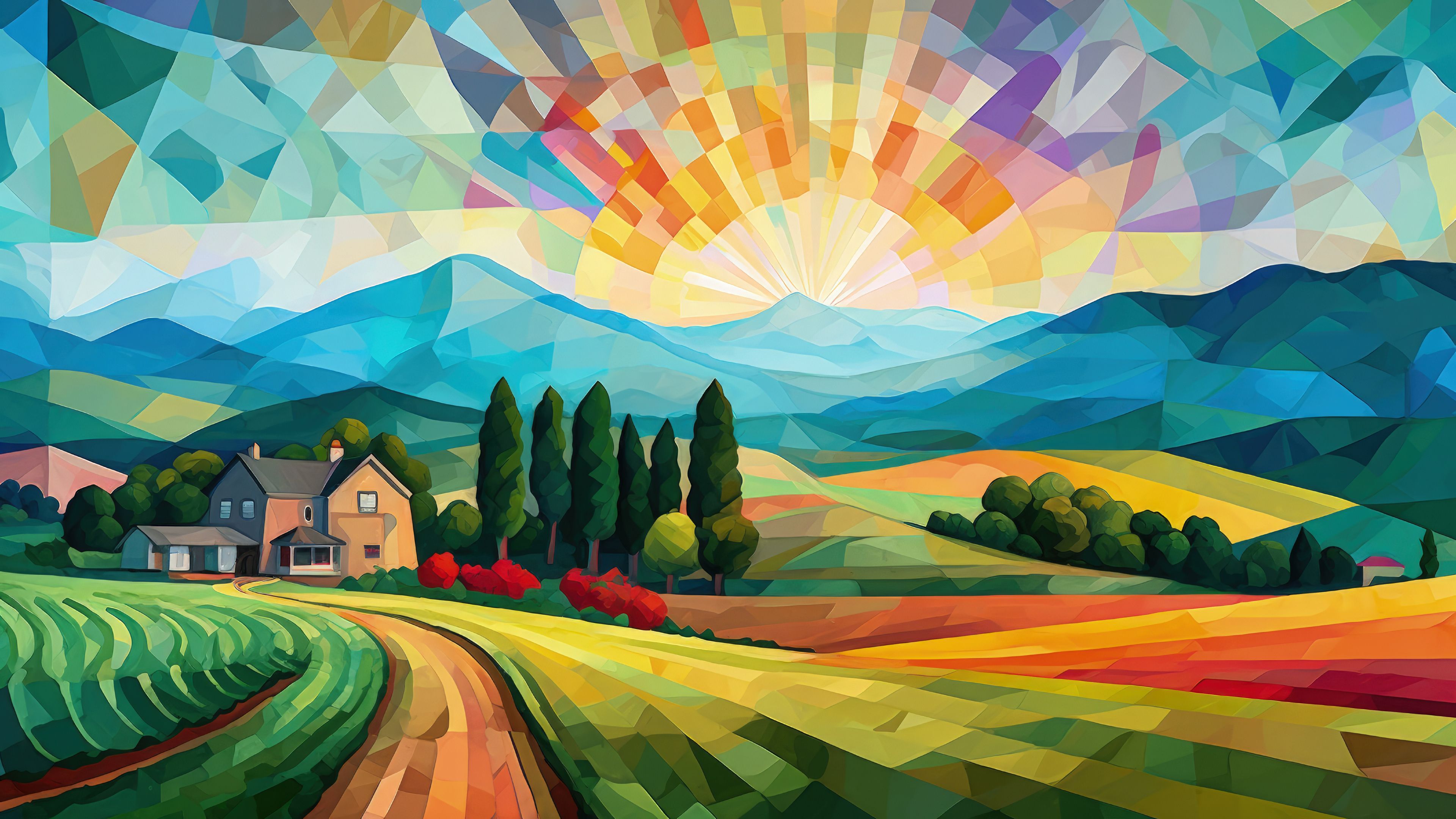 Colorful Cubist Countryside Hills - Wallpaper Cave