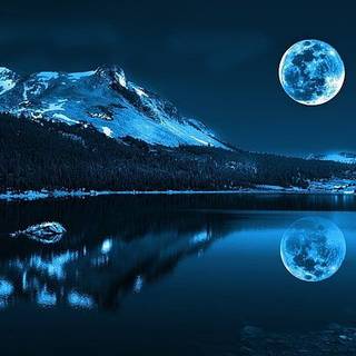 reflection of snowy mountain on body of water under full-moon