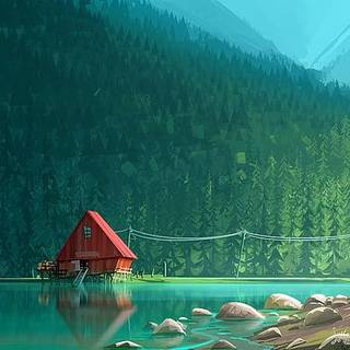 red wooden house near body of water, red house on body of water surrounded with trees artwork