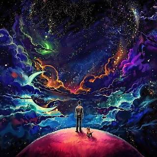 blue and purple cosmic star wallpaper, man and dog standing on top of planet painting