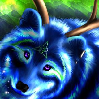 Blue Striped Cute Antlered Wolf - Wallpaper