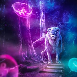 Lion In Purple and Blue Jellyfish Forest