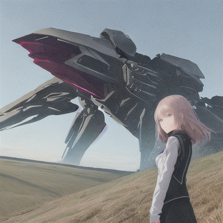 512x512 anime girl staring in the distance next to a robot