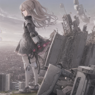 512x512  robot girl staring into the distance behind a crumbling city