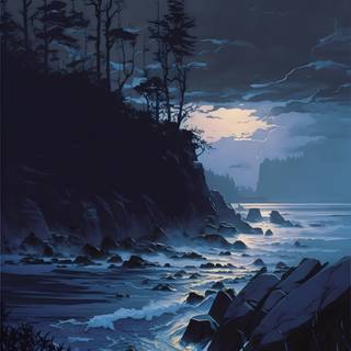 4k UHD Blue twilight Cliff Mobile Shoreline Phone Wallpaper Illustration