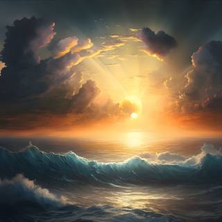 4k UHD Ocean Sea Waves Sunset Digital Painting Wallpaper