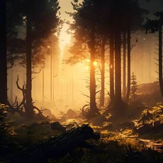 4k UHD Forest by Sunset Digital Painting Wallpaper