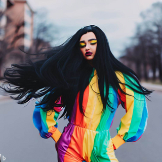 girl in rainbow clothes