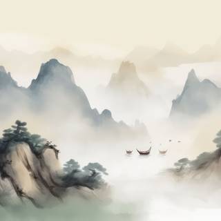 Asian Style Ink Wash Landscape