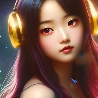 Girl with Headphones in Outer Space