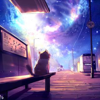 Cat at a bus stop looking at space