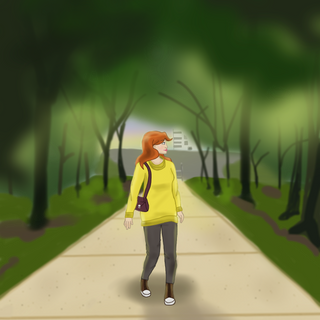 Girl walking under the trees