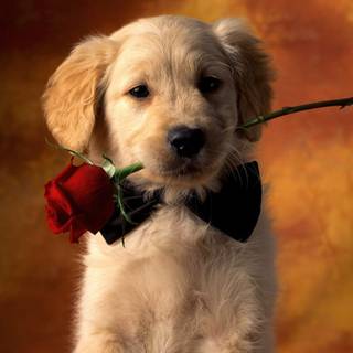 Cute puppy holding a rose 