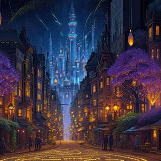 City of the Fireflies at Night Illustration