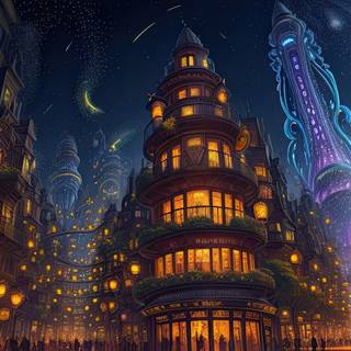 City of the Fireflies at Night Illustration