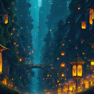 City of the Fireflies at Night Illustration