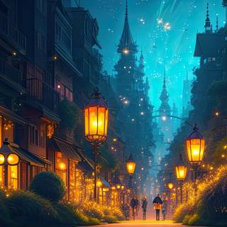 City of the Fireflies at Night Illustration