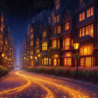 City of the Fireflies at Night Illustration