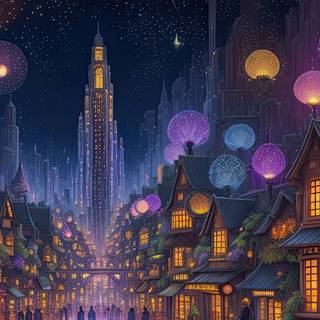 City of the Fireflies at Night Illustration