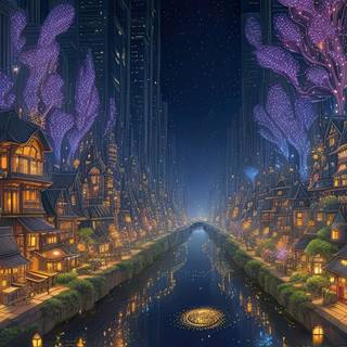City of the Fireflies at Night Illustration