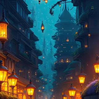 City of the Fireflies at Night Illustration