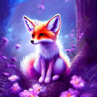 Fox sitting on purple flowers