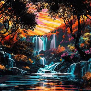 Glowing Waterfall at Night Illustration