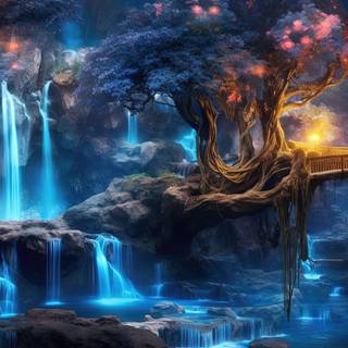 Glowing Waterfall at Night Illustration