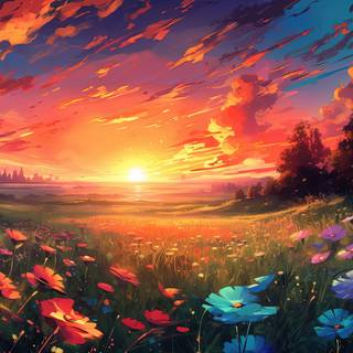 Sunset Romance on a Grassy Landscape