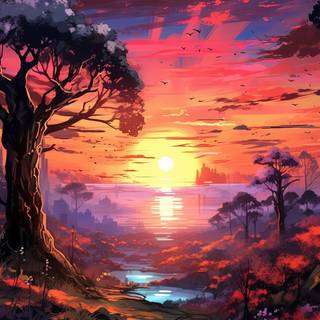 Sunset Romance on a Grassy Landscape