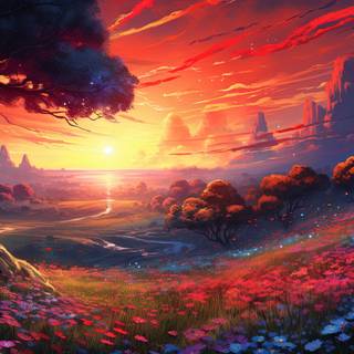 Sunset Romance on a Grassy Landscape