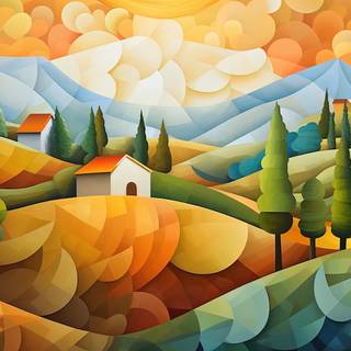 Colorful Cubist Countryside Hills
