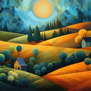 Colorful Cubist Countryside Hills